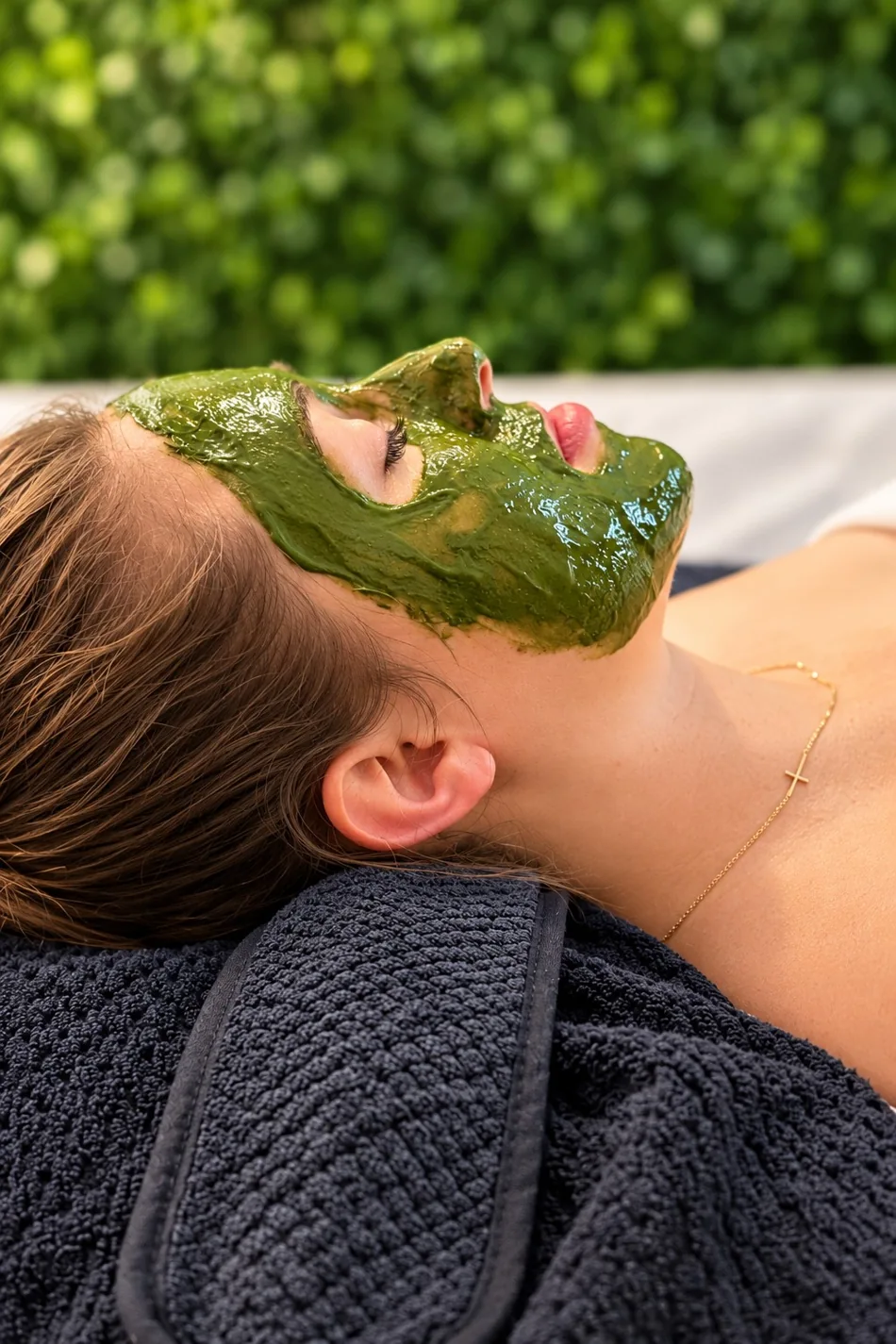 Client receiving a green facial mask