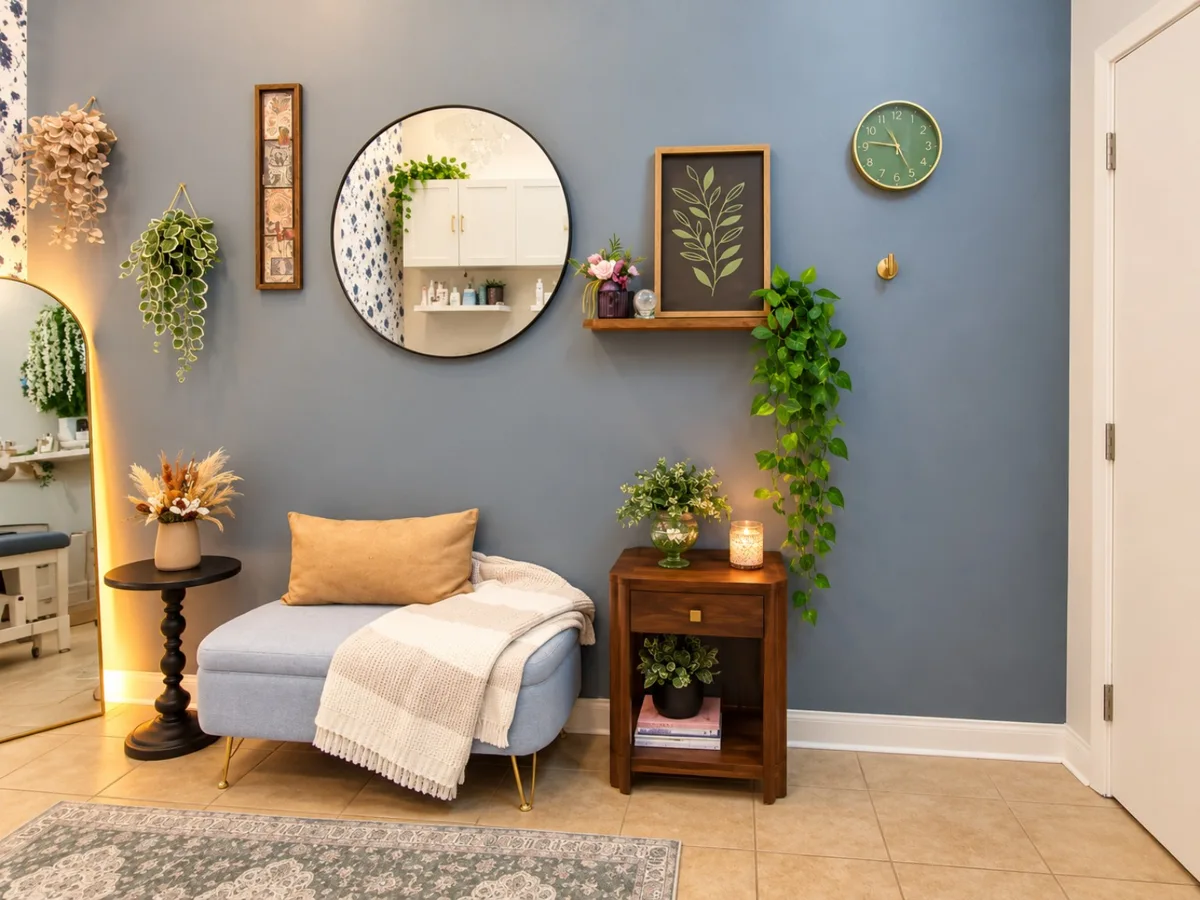 Current Vegas Sugaring & Wax studio seating area, blue accent wall, mirrors, and botanical decor